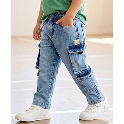 Babyhug Denim Full Length Washed Jeans With Stretch & Cargo Pocket - Blue