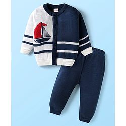 Babyhug Knit Full Sleeves Front Open Sweater Set With Nautical Theme Design - Navy Blue & White