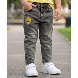 Babyhug Full Length Denim Washed Jeans with Stretch & Smiley Embroidery - Charcoal Grey