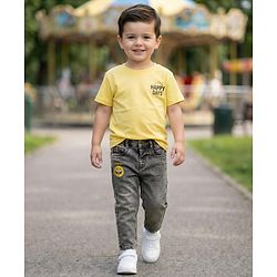 Babyhug Full Length Denim Washed Jeans with Stretch & Smiley Embroidery - Charcoal Grey