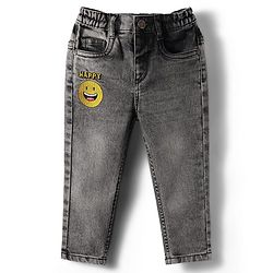 Babyhug Full Length Denim Washed Jeans with Stretch & Smiley Embroidery - Charcoal Grey