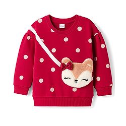 Babyhug Cotton Knit Full Sleeves Sweatshirt With Polka Dot Print & Animal Applique - Red