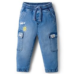 Babyhug Full Length Washed Denim Jeans With Stretch & Embroidery Detailing - Light Blue
