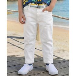 Babyhug Full Length Solid Color Denim Jeans with Stretch & Belt - White