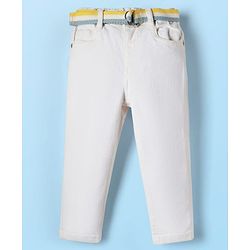 Babyhug Full Length Solid Color Denim Jeans with Stretch & Belt - White