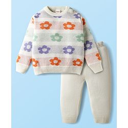 Babyhug Knitted Full Sleeves Sweater Set With Floral Design - White