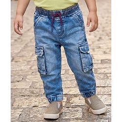 Babyhug Denim Full Length Washed Jeans With Stretch - Navy Blue
