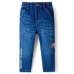 Babyhug Denim Full Length Washed Jeans With Strech &  Text Print - Navy Blue