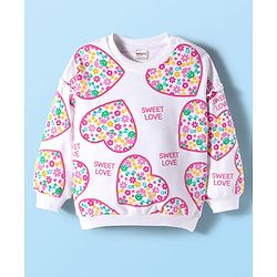 Babyhug Cotton Knit Full Sleeves Sweatshirt With Heart & Floral Print - White