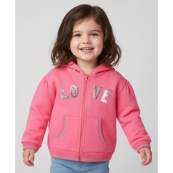 Babyhug Cotton Knit Full Sleeves Hooded Sweatjacket With Sequin Detailing & Kangaroo Pockets - Pink