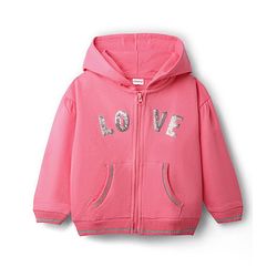 Babyhug Cotton Knit Full Sleeves Hooded Sweatjacket With Sequin Detailing & Kangaroo Pockets - Pink