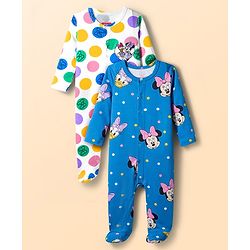 Babyhug Disney Interlock Knit Full Sleeves Footed Sleepsuit With Minnie Mouse Graphics Pack Of 2 - Blue & White