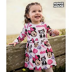 Babyhug Disney Single Jersey Knit Full Raglan Sleeves Frock With Minnie Mouse Print - White