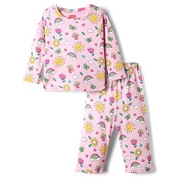 Babyhug Cotton Knit Full Sleeves Co-Ords Night Suit With Butterfly & Floral Print - Pink