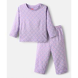 Babyhug Cotton Knit Full Sleeves Co-ords Night Suit with Floral Print - Lavender