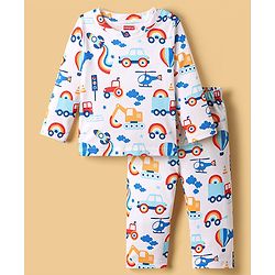 Babyhug Cotton Knit Full Sleeves Co-ords Night Suit with Vehicle Print - White