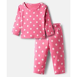Babyhug Cotton Knit Full Sleeves Co-ords Night Suit with Polka Dot Print - Pink