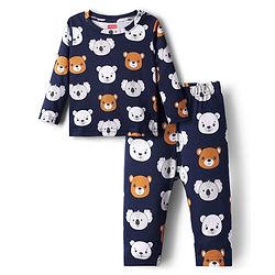 Babyhug Cotton Knit Full Sleeves Co-ords Night Suit with Animal Print - Navy Blue