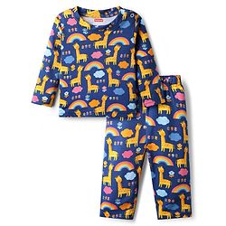 Babyhug Cotton Knit Full Sleeves Co-ords Night Suit With Floral Print - Navy Blue