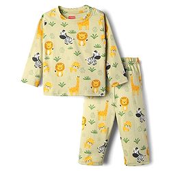 Babyhug Cotton Knit Full Sleeves Co-Ords Night Suit With Animal Print - Olive Green