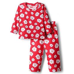 Babyhug Cotton Knit Full Sleeves Co-ords Night Suit with Floral Print - Red