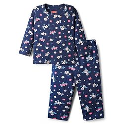 Babyhug Cotton Knit Full Sleeves Co-ords Night Suit With Floral Print - Navy Blue