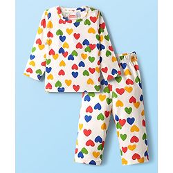 Babyhug Cotton Knit Full Sleeves Co-ords Night Suit with Heart Print - White