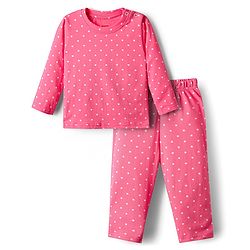 Babyhug Cotton Knit Full Sleeves Co-ords Night Suit with Polka Dot Print -Dark Pink