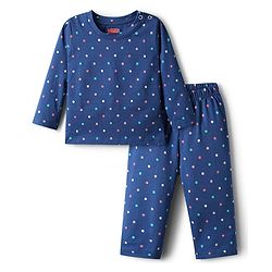Babyhug Cotton Knit Full Sleeves Co-ords Night Suit with Polka Dot Print - Navy Blue