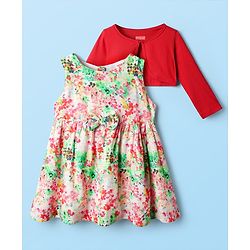 Babyhug Cotton Woven Full Sleeves Floral Printed Frock With Shrug & Bow Applique - Multi Colour