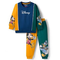 Babyhug Disney Full Sleeve Drop Shoulder Cut & Sew Sweatshirt & Track Pant Set with Mickey & Friends Graphic - Green Blue & Yellow