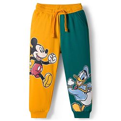Babyhug Disney Full Sleeve Drop Shoulder Cut & Sew Sweatshirt & Track Pant Set with Mickey & Friends Graphic - Green Blue & Yellow