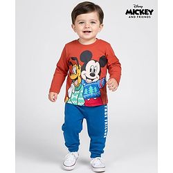 Babyhug Disney Single Jersey Terry Full Sleeve T-Shirt with Jogger Set With Mickey and Friends Graphic - Rust Orange & Blue