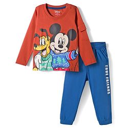 Babyhug Disney Single Jersey Terry Full Sleeve T-Shirt with Jogger Set With Mickey and Friends Graphic - Rust Orange & Blue