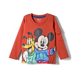Babyhug Disney Single Jersey Terry Full Sleeve T-Shirt with Jogger Set With Mickey and Friends Graphic - Rust Orange & Blue