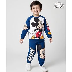 Babyhug Disney Terry Knit Raglan Full Sleeve T-Shirt with Joggers and Mickey Mouse Graphic - Navy Blue