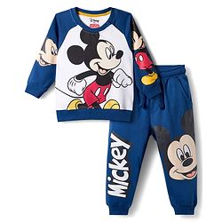 Babyhug Disney Terry Knit Raglan Full Sleeve T-Shirt with Joggers and Mickey Mouse Graphic - Navy Blue