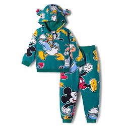 Babyhug Disney Terry Knit Full Sleeve Hooded T-Shirt and Jogger Set with Mickey & Friends and Ear Detailing - Dark Green