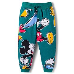 Babyhug Disney Terry Knit Full Sleeve Hooded T-Shirt and Jogger Set with Mickey & Friends and Ear Detailing - Dark Green