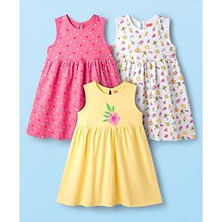 Babyhug Single Jersey Knit Sleeveless Beach Theme & Polka Dot Printed Frocks Pack of 3 - Yellow Pink & White