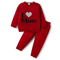 Babyhug Knit Full Sleeves Sweater Set with I love Mom Text Print - Red
