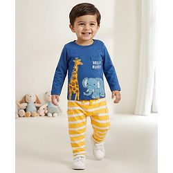 Babyhug Single Jersey Knit Full Sleeves T-Shirt & Lounge Pant Set With Animal Print - Yellow & Blue