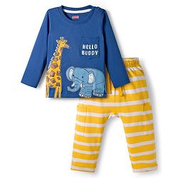 Babyhug Single Jersey Knit Full Sleeves T-Shirt & Lounge Pant Set With Animal Print - Yellow & Blue