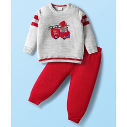 Babyhug Knit Full Raglan Sleeves Pullover Sweater Set with Patch Detailing - Red & Grey