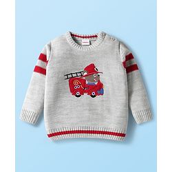 Babyhug Knit Full Raglan Sleeves Pullover Sweater Set with Patch Detailing - Red & Grey