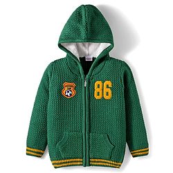 Babyhug Knit Full Sleeves Hooded Front Open Sweater with Patch Detailing & Kangaroo Pocket - Green