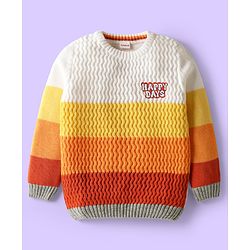 Babyhug Knitted Full Sleeves Pullover Sweater With Color Block Design & Text Embroidery - Multicolor