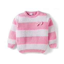 Babyhug Knit Full Sleeves Striped Pullover Sweater with Bow Applique - Pink & White