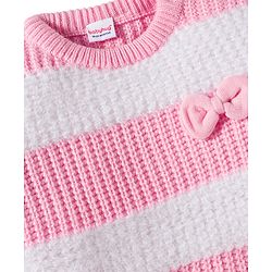 Babyhug Knit Full Sleeves Striped Pullover Sweater with Bow Applique - Pink & White