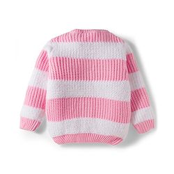 Babyhug Knit Full Sleeves Striped Pullover Sweater with Bow Applique - Pink & White